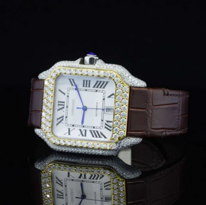 Amazing White Dial With Brown Leather Belt Moissanite Watch