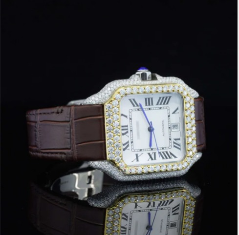 Amazing White Dial With Brown Leather Belt Moissanite Watch