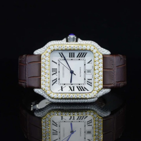 Amazing White Dial With Brown Leather Belt Moissanite Watch