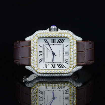 Amazing White Dial With Brown Leather Belt Moissanite Watch