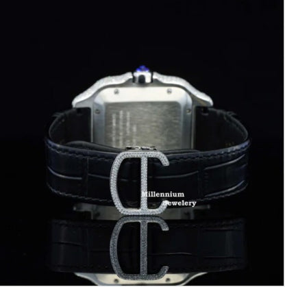 Awesome Black Dial And Leather Belt Moissanite Watch