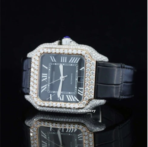 Awesome Black Dial And Leather Belt Moissanite Watch