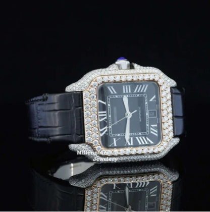 Awesome Black Dial And Leather Belt Moissanite Watch