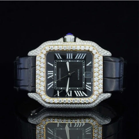 Awesome Black Dial And Leather Belt Moissanite Watch