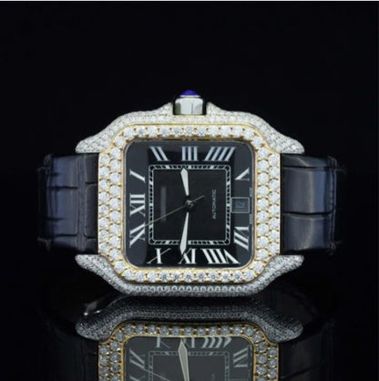 Awesome Black Dial And Leather Belt Moissanite Watch