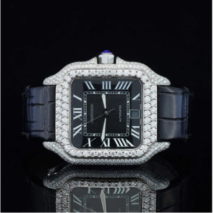 Awesome Black Dial And Leather Belt Moissanite Watch