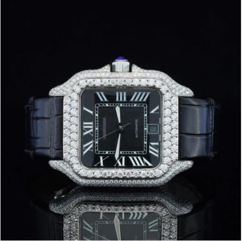 Awesome Black Dial And Leather Belt Moissanite Watch