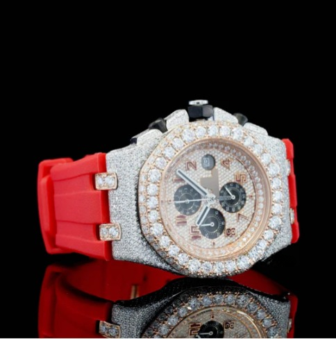 Fabulous Iced Out Red Rubber Belt Automatic Moissanite Wrist Watch