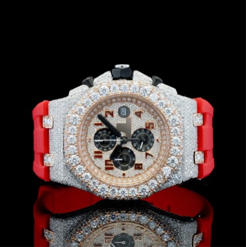 Fabulous Iced Out Red Rubber Belt Automatic Moissanite Wrist Watch