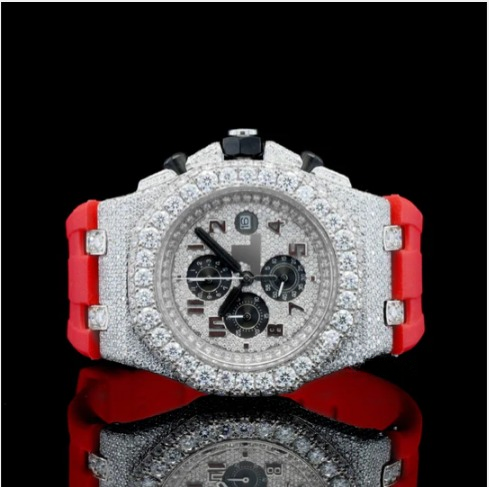 Fabulous Iced Out Red Rubber Belt Automatic Moissanite Wrist Watch