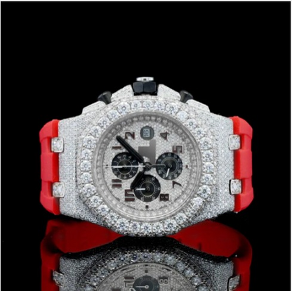 Fabulous Iced Out Red Rubber Belt Automatic Moissanite Wrist Watch
