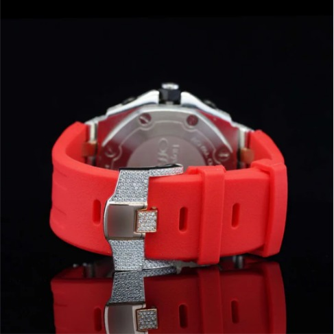 Fabulous Iced Out Red Rubber Belt Automatic Moissanite Wrist Watch