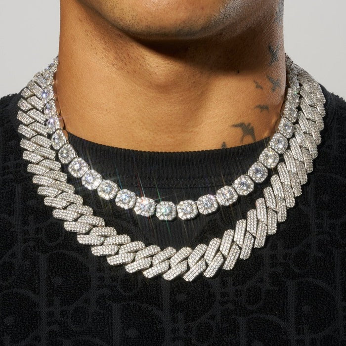 Classy jewels 20mm Monaco + 10mm Clustered Tennis Chain Bundle - White Gold