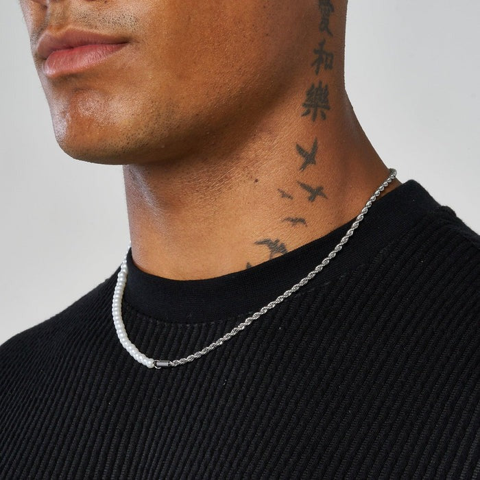 classy jewels 4mm Half Pearl &amp; Rope Necklace - White Gold