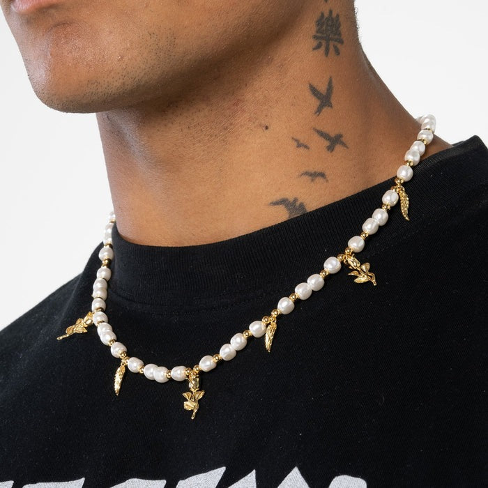 classy jewels Wings &amp; Roses Beaded Pearl Necklace - Gold