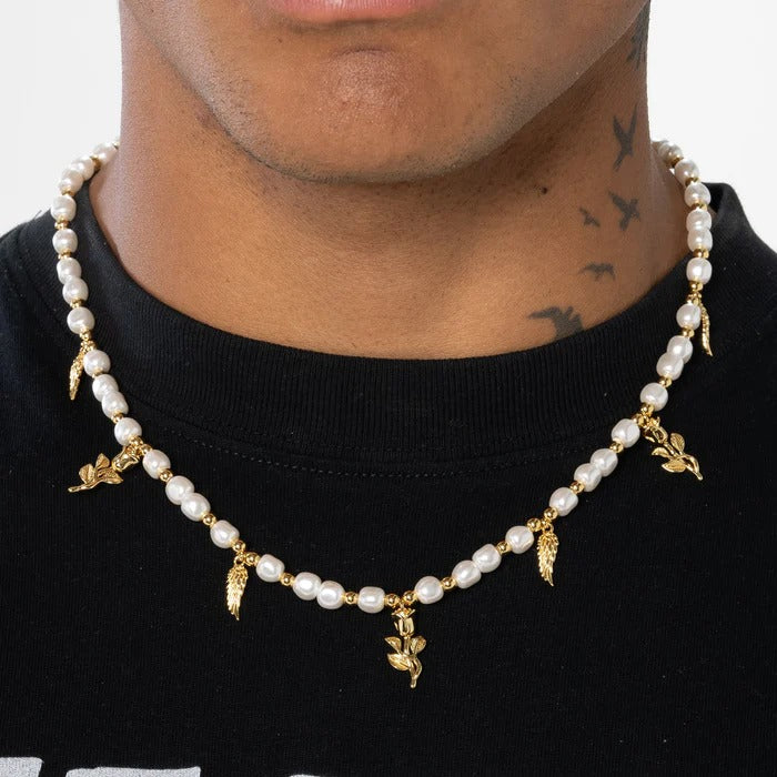 classy jewels Wings &amp; Roses Beaded Pearl Necklace - Gold