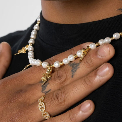 classy jewels Wings &amp; Roses Beaded Pearl Necklace - Gold