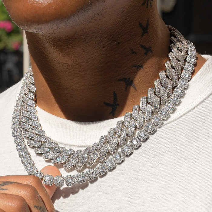 Classy jewels 20mm Monaco + 10mm Clustered Tennis Chain Bundle - White Gold