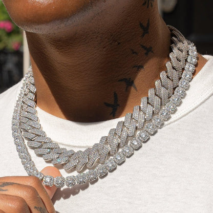 Classy jewels 20mm Monaco + 10mm Clustered Tennis Chain Bundle - White Gold